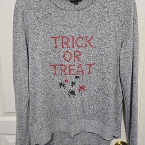 Poof! Gray Sweater with Red and Black Accents